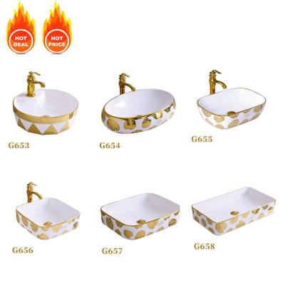 China Ultra Slim Edge Design Luxury Bathroom Wash Basins Gold Color Hand Dip Over Counter Basin for sale