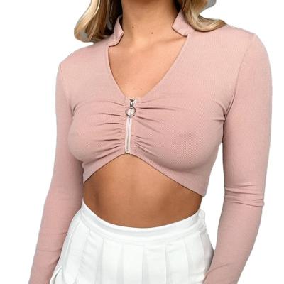 China 2022 new women's wear QUICK DRY sexy chest pleated zipper T-shirt cropped navel sexy V-neck top women's clothing for sale