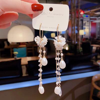 China CLASSIC CLASSIC Fashion Long Tassel Simulated Pearl Drop Earrings Big Crystal Bead Flower Petal Earrings For Women Wedding Jewelry for sale