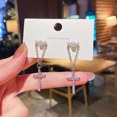 China S925 Trendy Trendy Pin Full Diamond Cross Pearl Silvery Dangle Drop Earrings Earring Women Jewelry Female Female Wholesale for sale