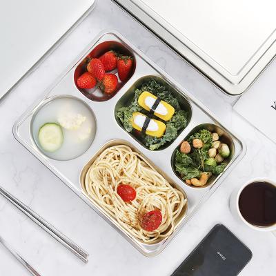 China Sustainable Hotel Hospital School 4 5 Divided Dinner Plate Lunch Tray Metal 201 Stainless Steel Food Tray With Lid for sale