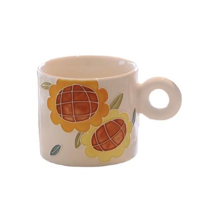 China Viable Sunflower Hand Painted Ceramic Cup Jingdezhen Creative Cute Afternoon Tea Water Ceramic Mug for sale