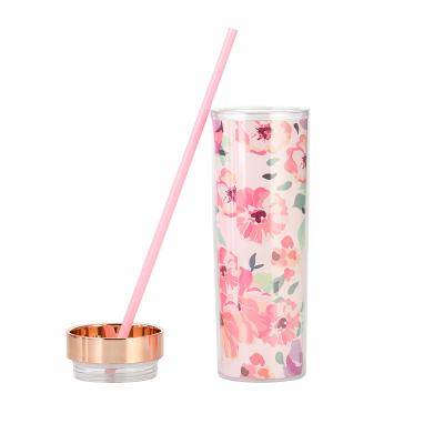 China Wholesale 16oz Sustainable Lean Wall Double Plastic Flower Girls Cups Tumbler With Straw For Mother's Day for sale