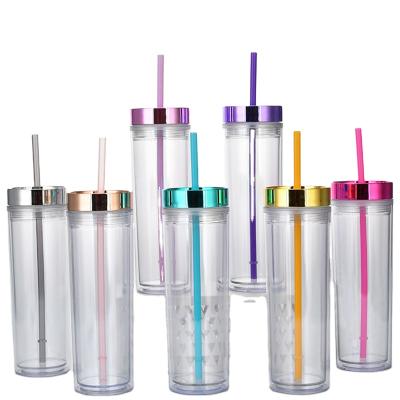 China Sustainable 16oz ACRYLIC Double Wall Skinny Tumbler Bottle With Straw Clear Plastic Drink Cup for sale