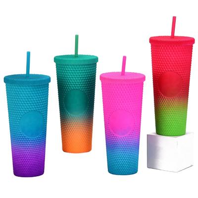 China 2021 Sustainable Popular Plastic Double Wall 24oz Insulated Crystal Grid Studded Tumbler Cups Stud Cup With Straw for sale