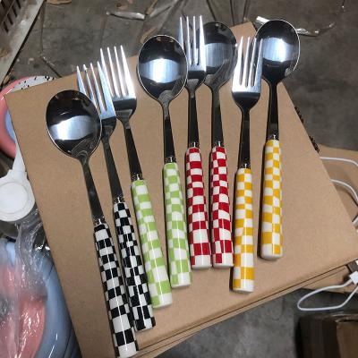 China Sustainable INS Checkerboard Stainless Steel Cutlery With Ceramic Handle for sale