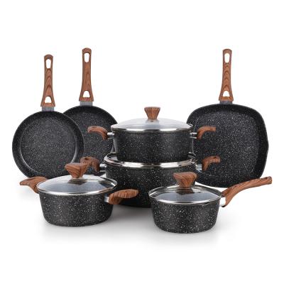 China Sustainable Hot Sale Granite Wood Handle Stone Forged Aluminum Kitchen Cookware Cooking Pot Sets for sale