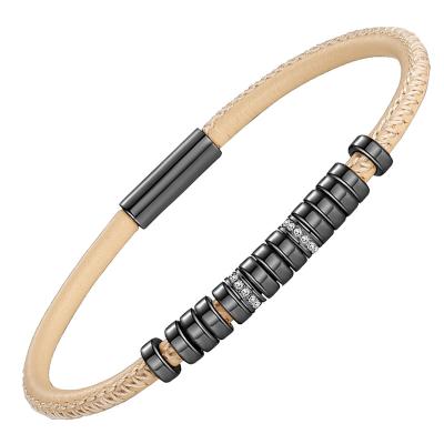 China Cheap Price Rose Gold Plated Steel Beaded Magnetic Clasp Rope Leather Bracelet Jewelry TRENDY for sale