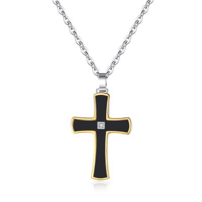 China Simple 18K Gold 3 Tone Stainless Steel Religious Jesus Cross CZ Necklace Pendant Jewelry For Men for sale