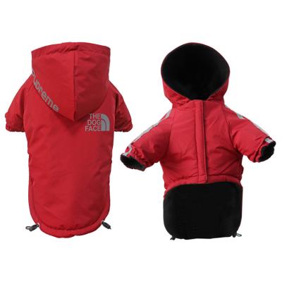 China New Sustainable Pet Winter Dog Coat Clothes Plus Velvet Padded Waterproof Biped Hooded Dog Jackets for sale