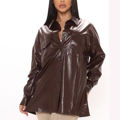 China Breathable Casual Women Oversized Faux Leather Shirt With Flap Chest Pockets for sale