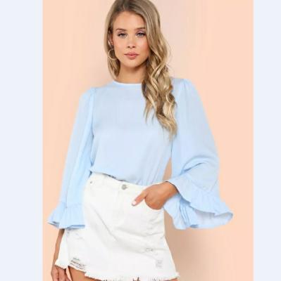 China Lady's Breathable Fashion Clothes Elegant Breathable Summer Flared Bell Sleeve Chiffon Blouses T-shirt Long Sleeve Shirt For Women for sale