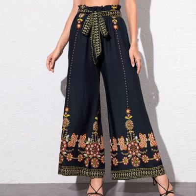 China Anti-pilling paper waist bohemian embroidery anti-pilling wide leg pants floral elastic bag woman mid-rise women's wide leg pants for sale