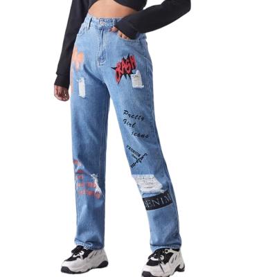 China Medium Wash Fashion Breathable Letter Graphic Ripped Straight Leg Jeans Women Retail Casual Mom for sale