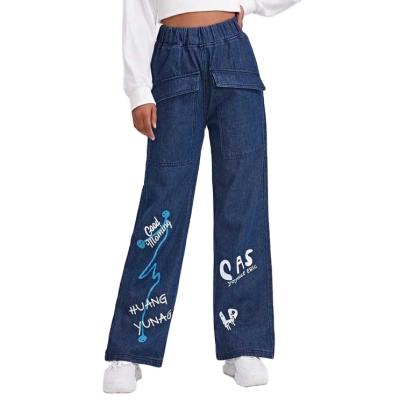 China Women's Wide Leg Jeans High Waist Wash Dark Casual Elastic Flap Waist Wide Leg Women's Pocket Letter Graphic Breathable Pocket Jeans for sale