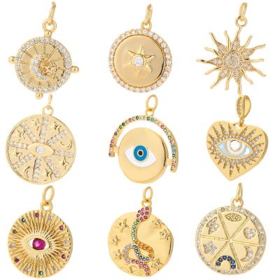 China FASHIONABLE 18k Gold Wholesale Zircon Jewelry Gold Eye Plated Pendant Necklace Accessories Engraved Turkish Stars Moon Charm for sale