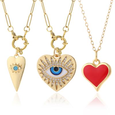 China Fashionable Evil Blue Eye Necklace Cute Red Heart Woman's Greek Turkish Pendant For Women Stainless Steel Necklaces Gold Link Chain Choker for sale