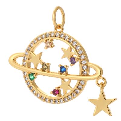 China TRENDY Star Flower Charms Celestial Charms 18k Gold CZ Saturn Planet Charm Satellite Pendant For Necklace Bracelet Jewelry Making for sale