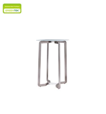 China Waterproof Hot Sale Fashion Super White Frosted Square Tempered Glass 304# Stainless Steel Frame Brushed Finish Outdoor BarTtable for sale