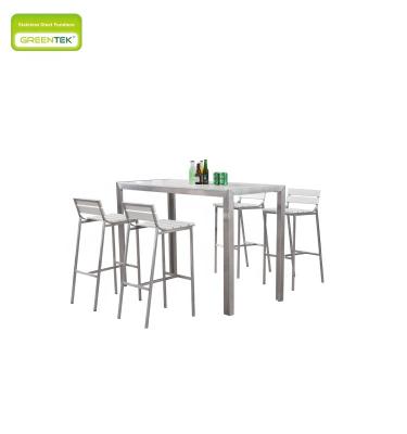 China Durable High Grade White Plastic Bar Table and Wooden Slatted Chair Set for Courtyard Balcony Hotel Stainless Steel Outdoor Furniture for sale