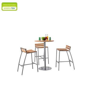 China Eco-freindly Leisure Round Simple Teak 304# Stainless Steel Bar Table With Teak Bar Chair Set Outdoor Outdoor Balcony Pool Furniture for sale