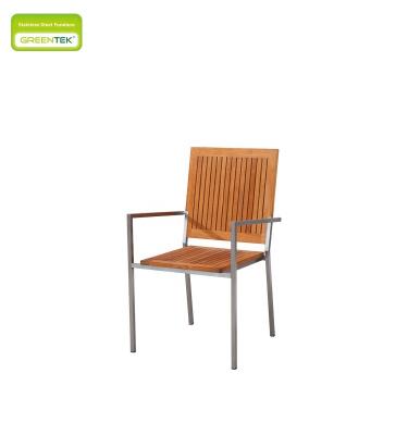 China Modern Stainless Steel Frame Recessed Vertical Strip Teak Wood With Armrests Modern Outdoor Indoor Dining Chair for sale