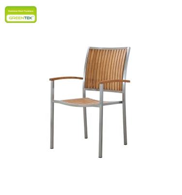 China Simple Eco-Friendly Leisure Stainless Steel Frame With Slightly Curved Vertical Teak Dining Chair Balcony Garden Patio Furniture for sale