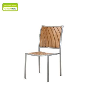 China Eco-Friendly Leisure Stainless Steel Frame With Slightly Curved Vertical Strips Teak Dining Chair Without Armrests Garden Furniture for sale