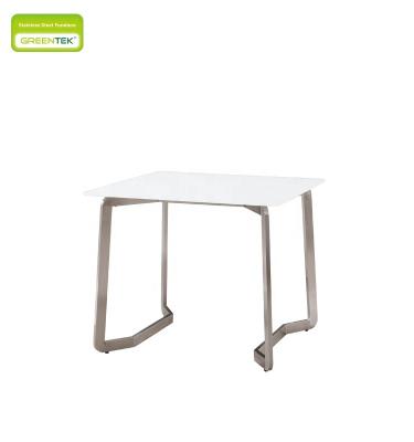 China Fashion Nordic style durable hot selling stainless steel with tempered glass square dining table super white hotel furniture for sale