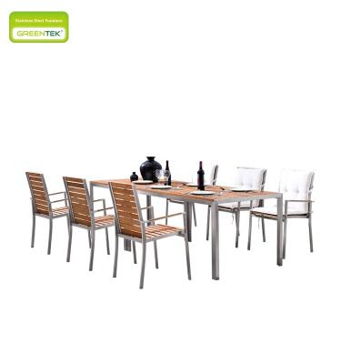 China 304# Stainless Steel Modern Outdoor Indoor Dining Table Chair Set Teak Wood Garden Furniture 2 Tables 6 Chairs JAN Design for sale