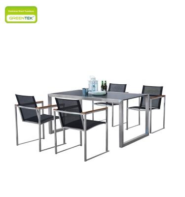 China Modern Tempered Glass With Teslin Chairs Outdoor Indoor Hotel Courtyard Modern Design Dining Set 304# Stainless Steel Furniture for sale