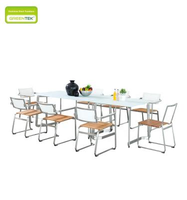 China Comfortable elegant design super white tempered glass with Teslin and teak backrest adjustable dining table and chair set outdoor furniture for sale