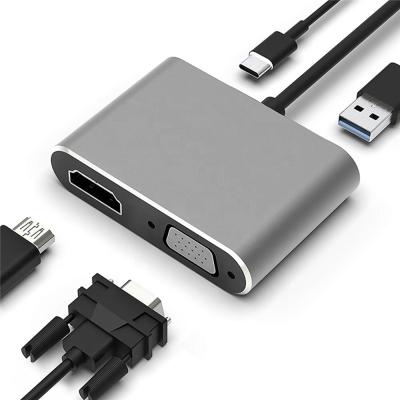 China Aluminum Alloy Shell Type C Hub 4 in 1 Type C to HDTV VGA Dvi USB 3.1 Usb C Video Hub for Macbook Pro & Samsung S10 & Huawei Matebook and More for sale