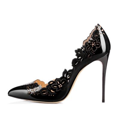 China Black Pointed Toe Stiletto Heels Pumps For Light Floral Heels Party Slip On Women's High Heels for sale