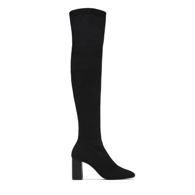 China New Arrival Durable Black Block Heel Over The Knee Boots Womens Stretch Thigh High Suede Boots for sale