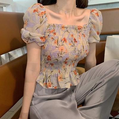 China Square Neck Anti-pilling Puff Sleeve Chiffon Floral Printed Elastic Waist Blouse Tops for sale