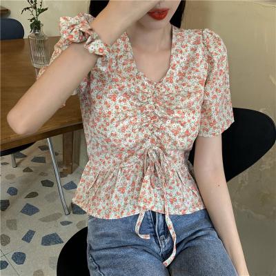 China 2021 Slim Version Drawstring Shirts Anti-pilling Waist V-Neck Ladies Chiffon Short Tops for sale