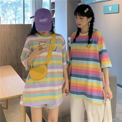 China Anti-wrinkle Rainbow Striped T-shirt Women Loose Tops 2021 New Streetwear Women Half Sleeve Women Sweatshirt Women for sale