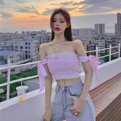 China 2021 Pink Women's Anti-pilling New Spring Plaid Slim Bow Bra Top Vest for sale