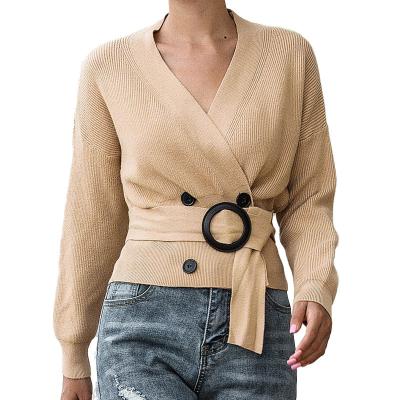 China 2021 Autumn Breathable Long Sleeve Sweater Lace Up Waist Autumn Winter Pop Women's Casual Cross Button for sale