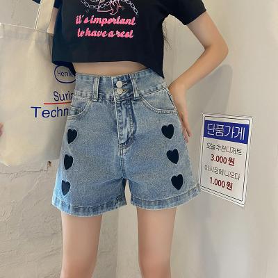 China Anti-wrinkle love heart embroidery jeans women's summer straight loose denim shorts for sale