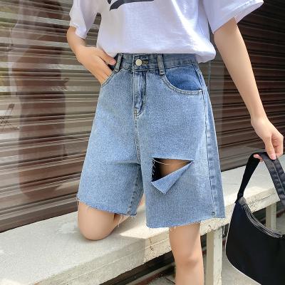 China 2021 New Korean High Waist Retro Anti-wrinkle Hole Jeans Women's Straight Pants Loose Wide Leg Shorts for sale