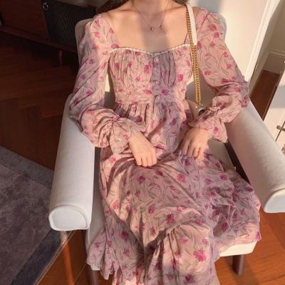 China Anti-wrinkle Women Summer Square Neck Long Sleeve Floral Print Casual Outfits For Women for sale