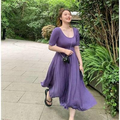 China 2021 Anti-wrinkle dress women's purple sleeve millimeter dress 2021 fat version loose length thin narrow medium short large size size for sale