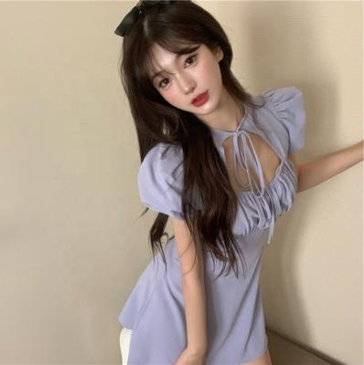 China 2021 Sweet Anti-wrinkle Design Summer Candy Color Lace Up Bubble Sleeve Dress Plus Size Girl Casual Short Mini Dress for sale