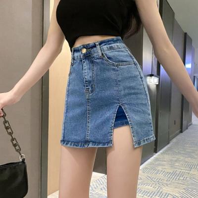 China Women's short skirt summer 2021 new high waist skirt girl hip slit hot skirt a line a half-length breathable denim for sale