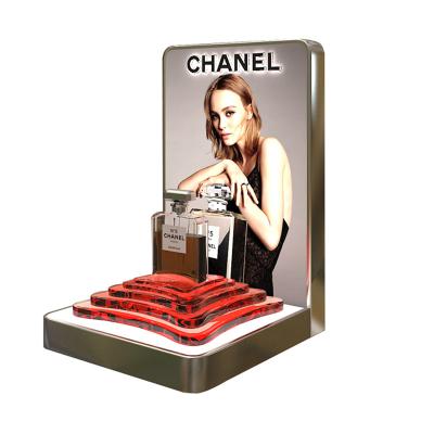 China Environmental Friendly Custom Countertop Acrylic Perfume Cosmetics Table Display Stand For Luxury Brand And Exhibition With LED Light Box for sale