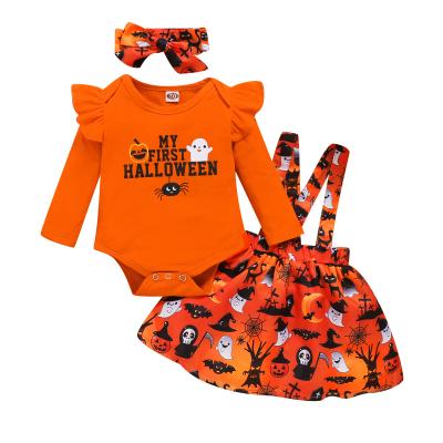 China Baby Breathable Clothing Set 2021 New Solid Letter Print Top + Halloween Print Suspender Skirt Infant Girls Where Clothes Drop for sale