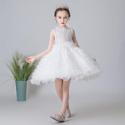 China New Design Sleeveless White Lace Layered Tulle Dress Gauze Flower Sash Bridesmaid Dress for sale