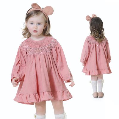 China Kids Viable Luxury Geometric Bishop Corduroy Cotton Kids Girls Smocked Dresses Kids Embroidery Princess Pink Easter Corduroy for sale